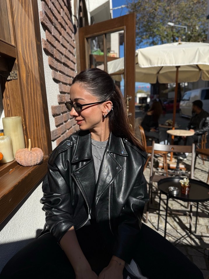 Siyah  Uzun Kollu Deri Ceket - Görsel 2