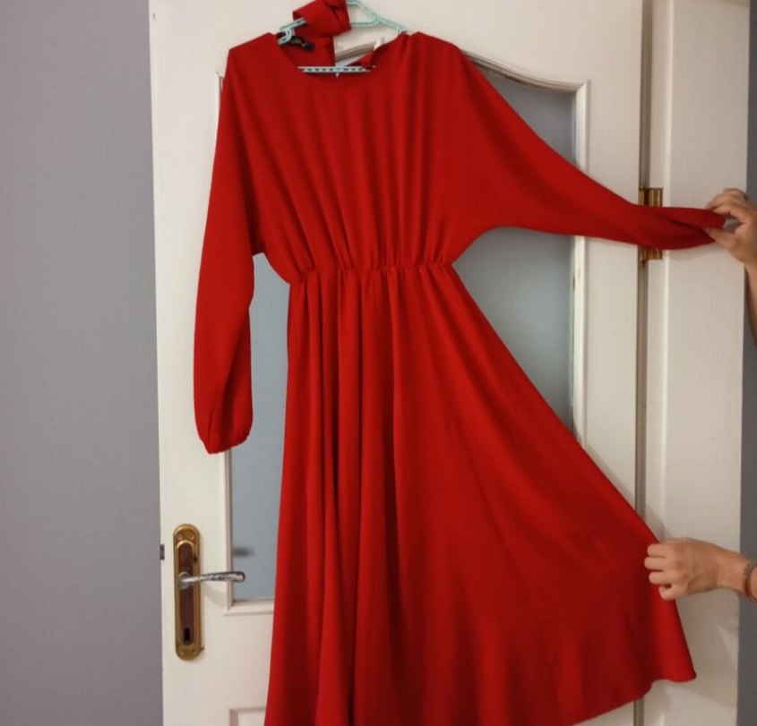 Uzun Kırmızı Salaş Elbise - Görsel 2