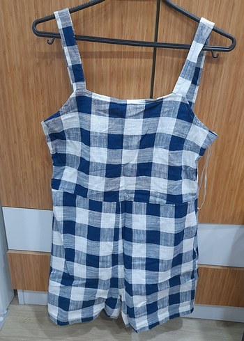 Kadın Mavi Gri Kareli Askılı Tulum - Görsel 2