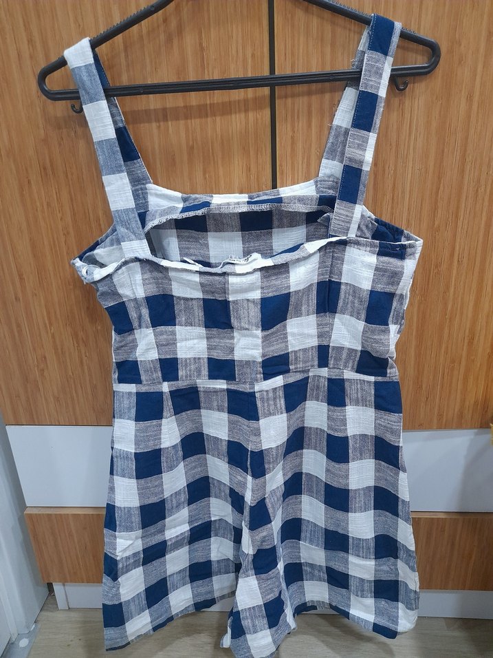 Kadın Mavi Gri Kareli Askılı Tulum - Görsel 5