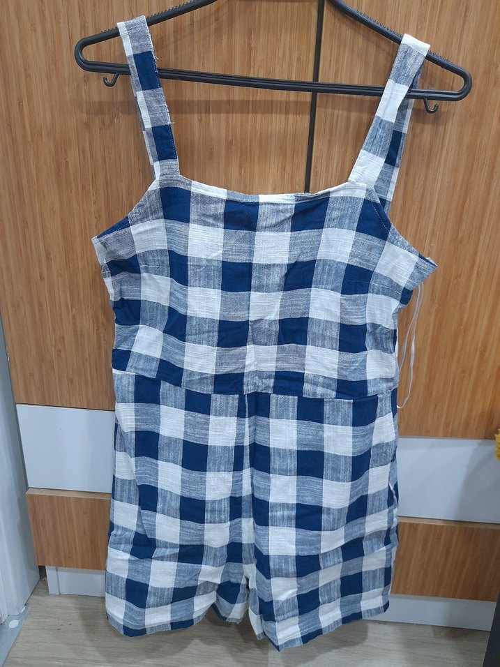 Kadın Mavi Gri Kareli Askılı Tulum - Görsel 2