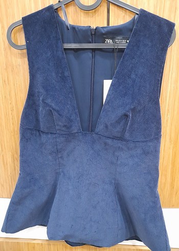 Lacivert Kadın V Yaka Kolsuz kadife yelek-bluz - Görsel 2