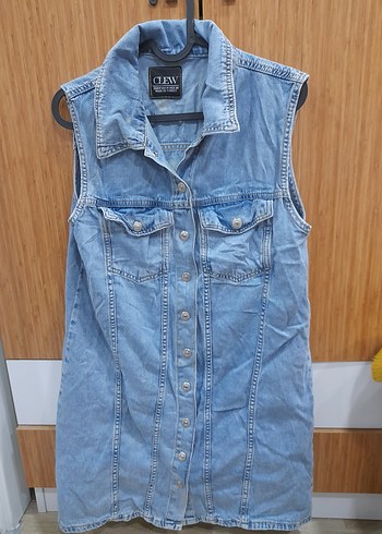 Düğmeli Mavi Kolsuz Denim Ceket-elbise - Görsel 2