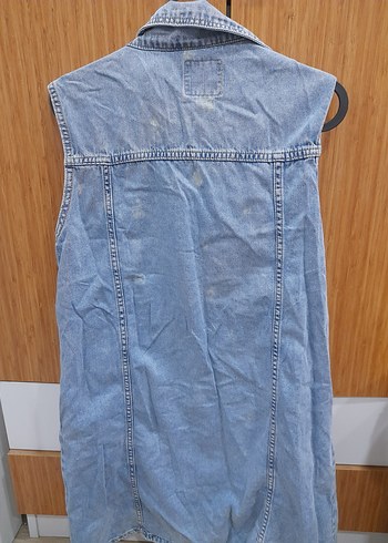 Düğmeli Mavi Kolsuz Denim Ceket-elbise - Görsel 4