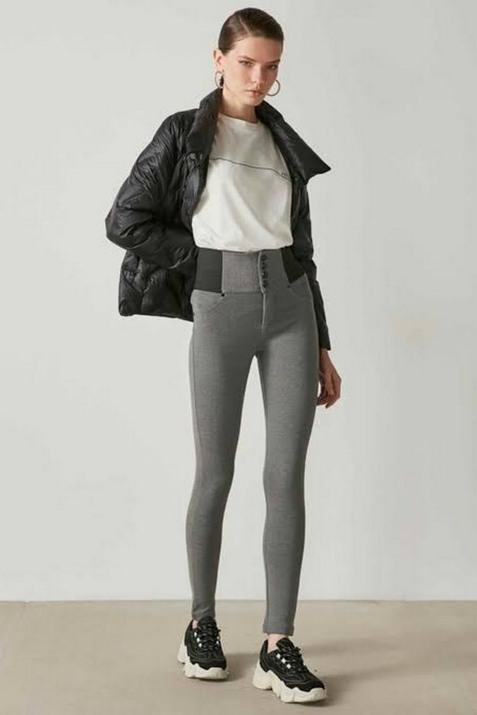 Gri Yüksek Bel Tayt Pantolon - Görsel 3