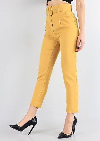 Sarı Kemerli Kumaş Kadın Pantolon - Görsel 3