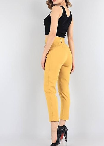 Sarı Kemerli Kumaş Kadın Pantolon - Görsel 2