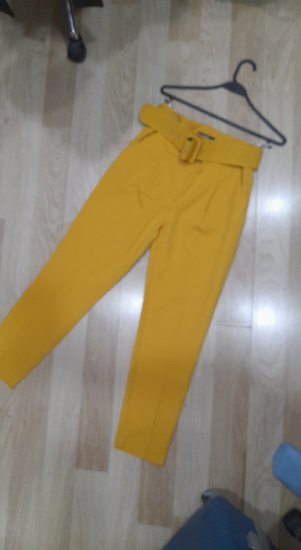 Sarı Kemerli Kumaş Kadın Pantolon - Görsel 4