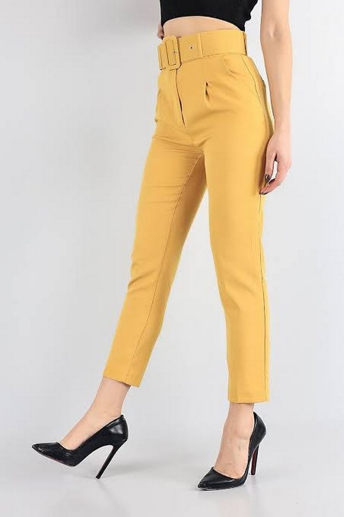 Sarı Kemerli Kumaş Kadın Pantolon - Görsel 3