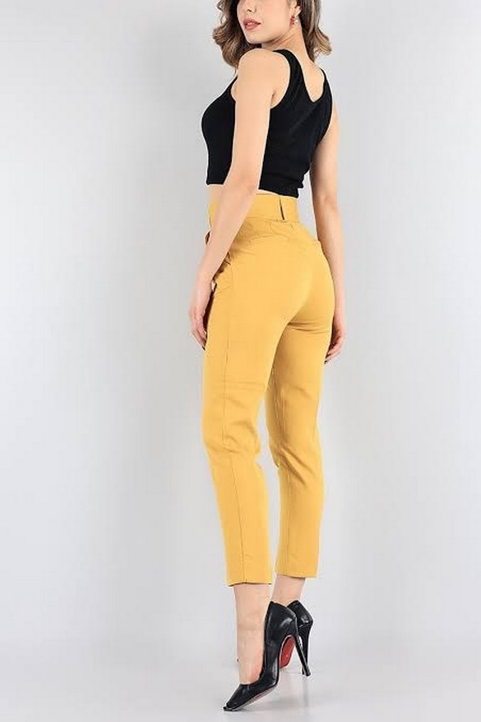 Sarı Kemerli Kumaş Kadın Pantolon - Görsel 2