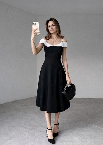 Siyah Midi Straplez Klasik Elbise - Görsel 2