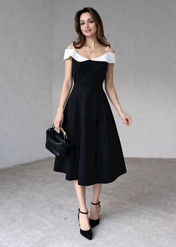 Siyah Midi Straplez Klasik Elbise - Görsel 3