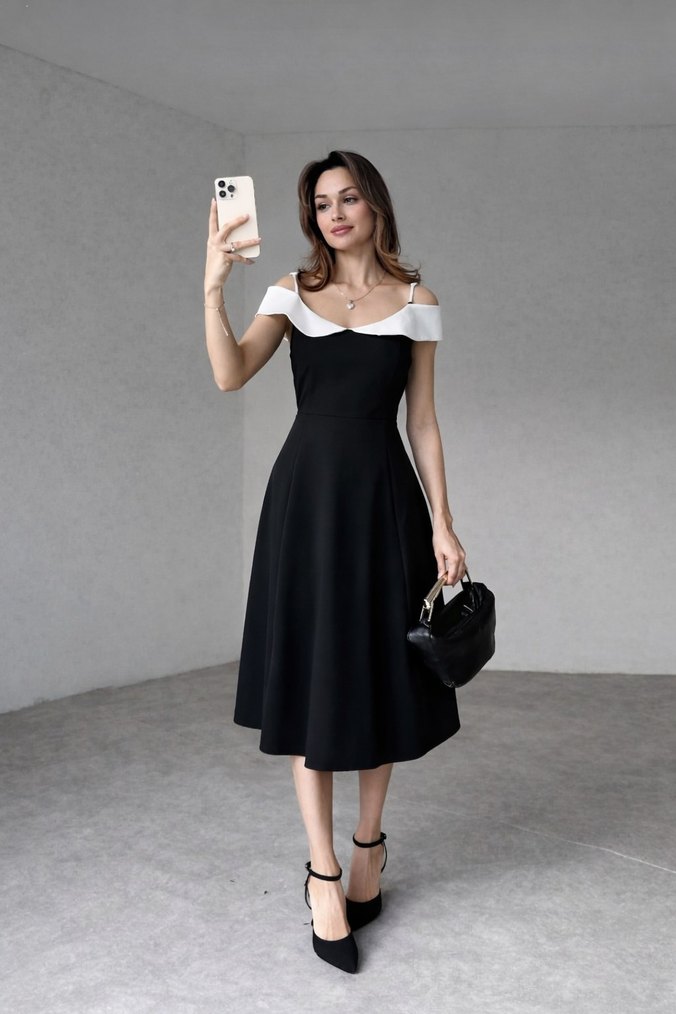 Siyah Midi Straplez Klasik Elbise - Görsel 2