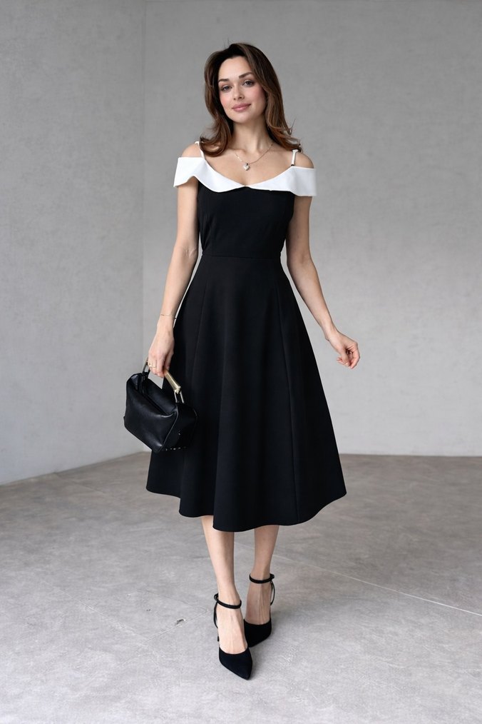 Siyah Midi Straplez Klasik Elbise - Görsel 3