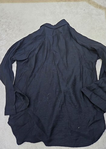 Düğmeli Nakışlı Mavi Keten Uzun Kollu Gömlek - Görsel 4