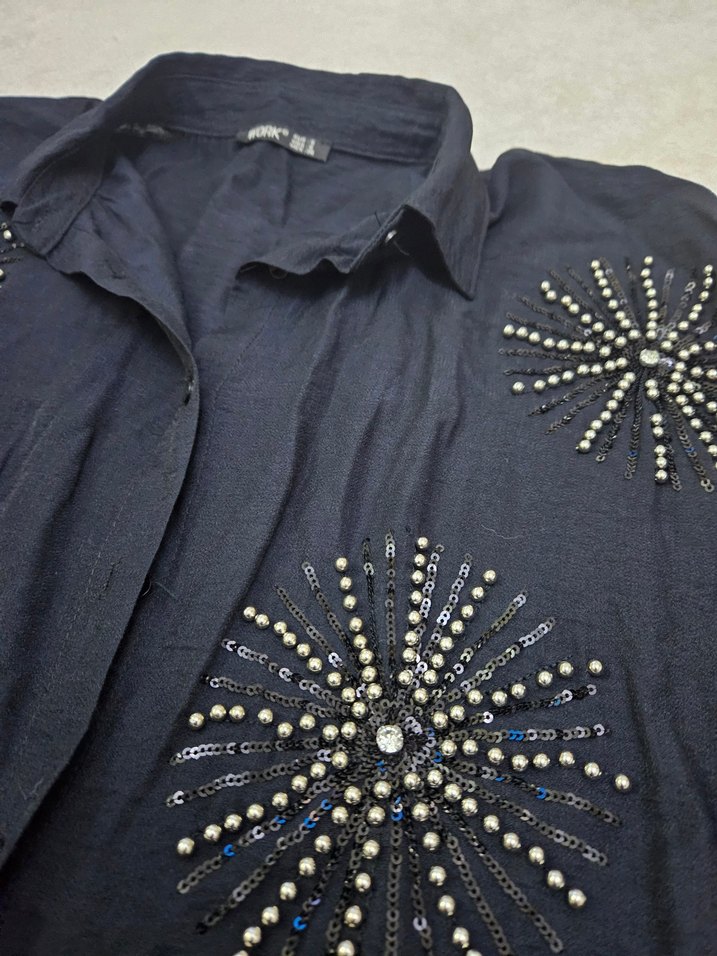 Düğmeli Nakışlı Mavi Keten Uzun Kollu Gömlek - Görsel 2