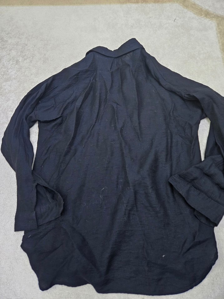 Düğmeli Nakışlı Mavi Keten Uzun Kollu Gömlek - Görsel 4