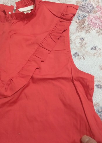 Kırmızı Keten, Fırfırlı V-Yaka Bluz - Görsel 3