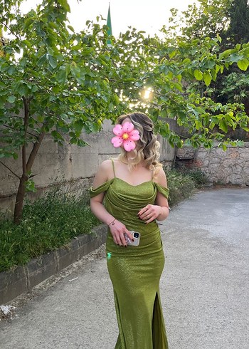 Diğer Yeşil Drapeli Midi Straplez Abiye
