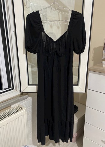 V Yaka Siyah Midi Goth Elbise