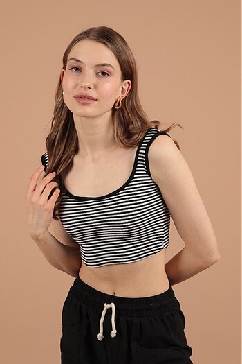 Çizgili Kaşkorse Kısa Kadın Crop Bluz