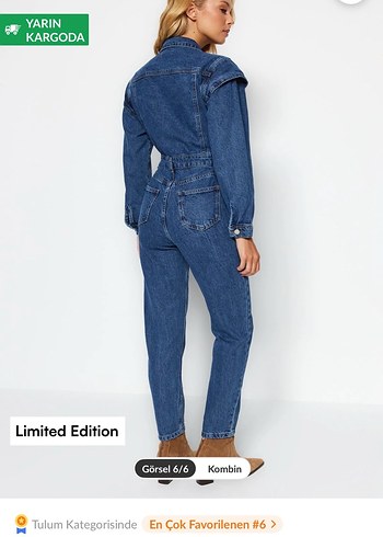 Kadın Denim Uzun Kollu Düğmeli Tulum - Görsel 2