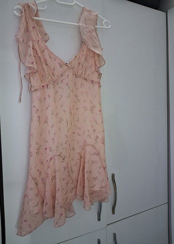 Pembe Fırfırlı Midi Bohem Elbise
