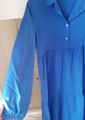 38 Beden Mavi Düğmeli Uzun Keten Elbise