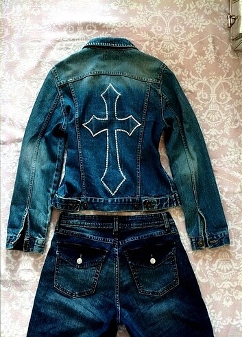 Vintage gothic haçlı kot ceket