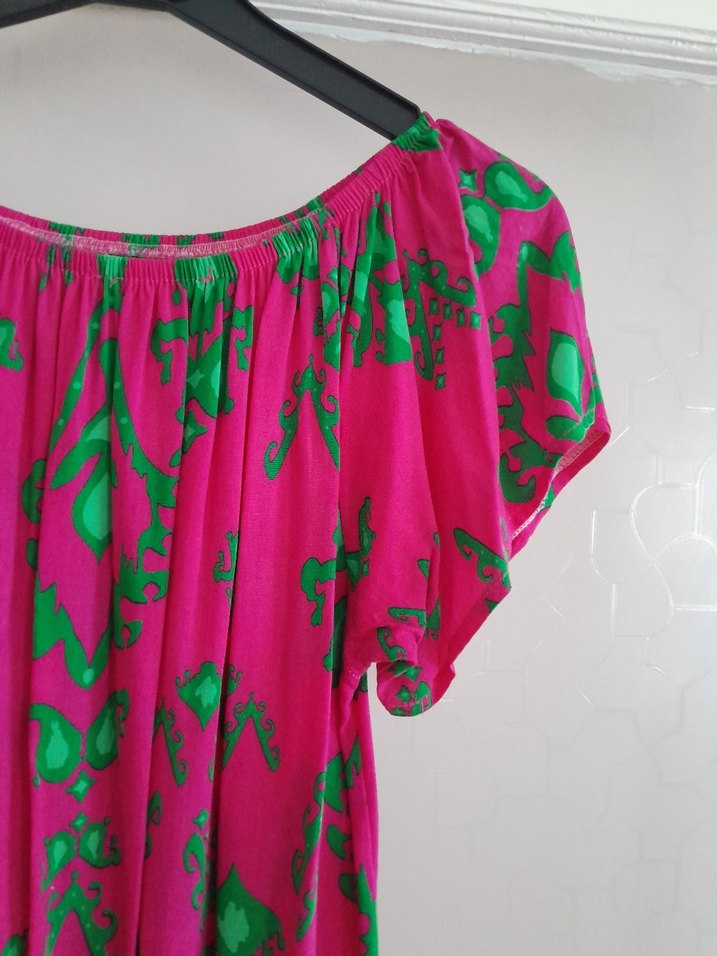 Pembe Renkli Bağlama Desenli Uzun Bohem Elbise - Görsel 2