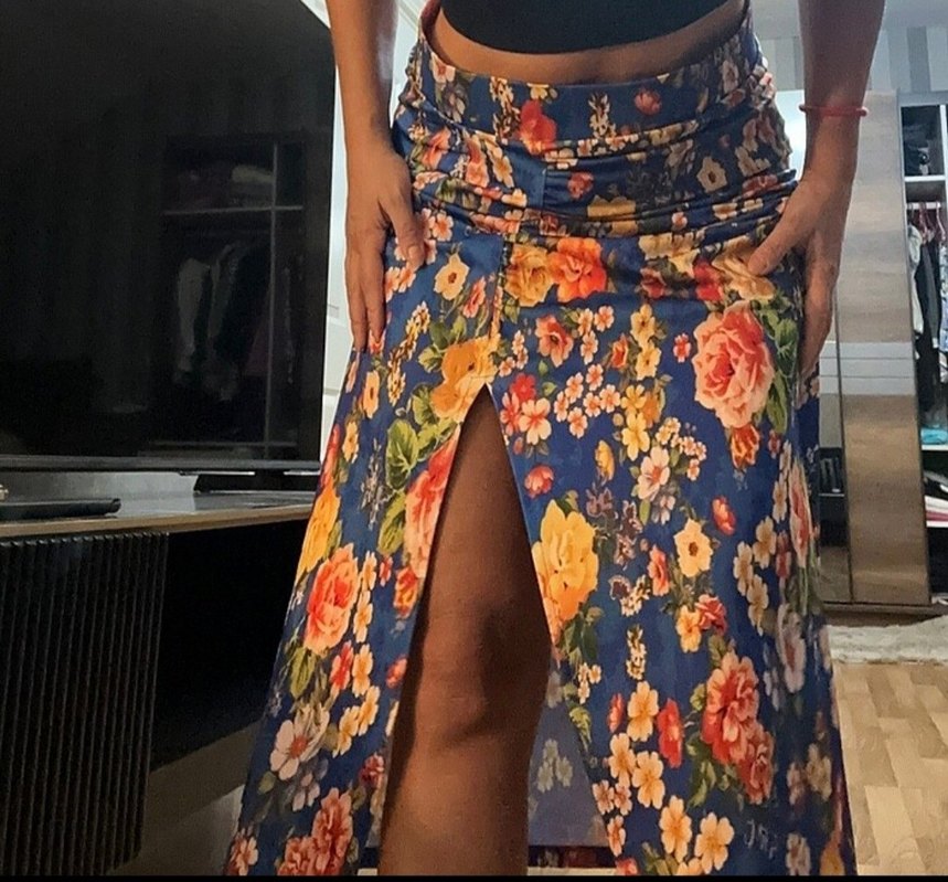 Çiçek Desenli Drapeli Midi Etek - Görsel 2