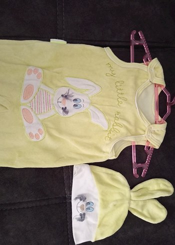 fıstık yeşiliı Tavşan Desenli Bebek Uyku Tulumu ve Şapka - Görsel 2