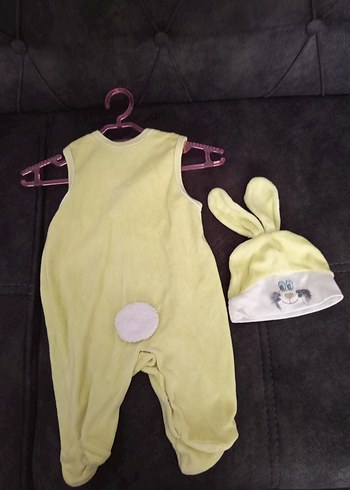 fıstık yeşiliı Tavşan Desenli Bebek Uyku Tulumu ve Şapka - Görsel 5