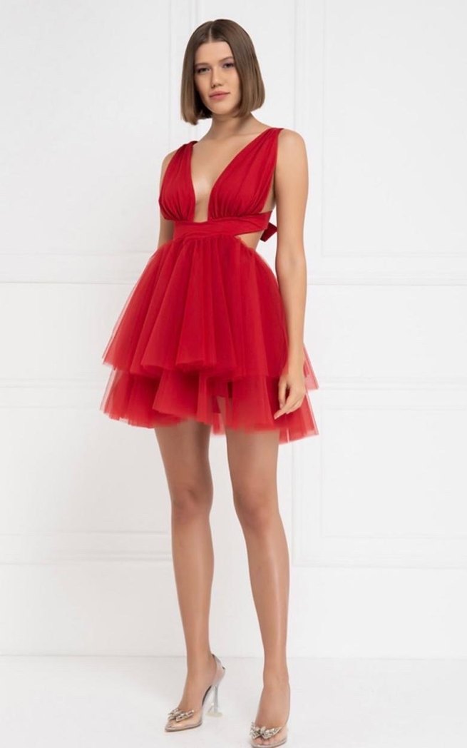 Kırmızı V Yaka Mini Abiye Elbise - Görsel 3