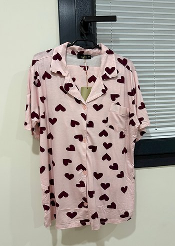 Kadın Pembe Kalp Desenli Kısa Kollu Pijama takımı alt üst - Görsel 2