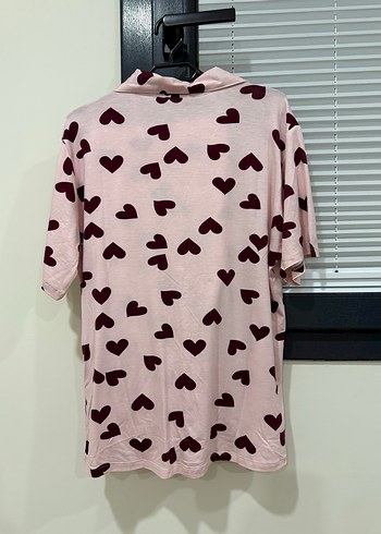 Kadın Pembe Kalp Desenli Kısa Kollu Pijama takımı alt üst - Görsel 3