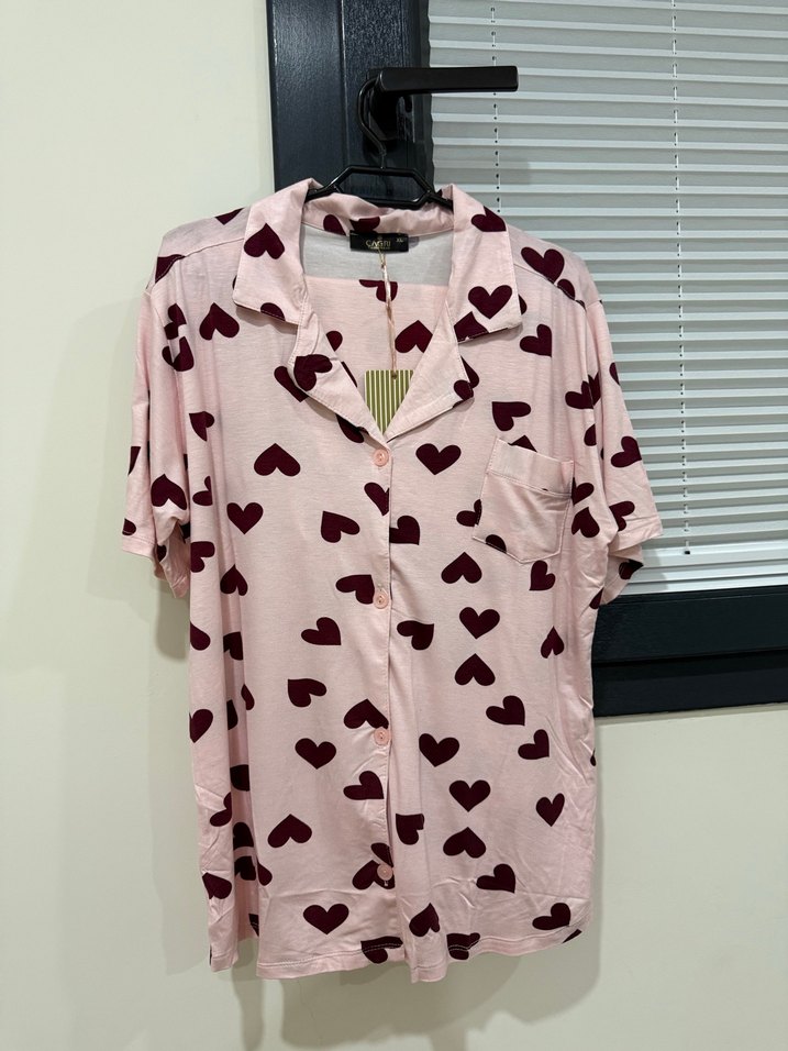 Kadın Pembe Kalp Desenli Kısa Kollu Pijama takımı alt üst - Görsel 2