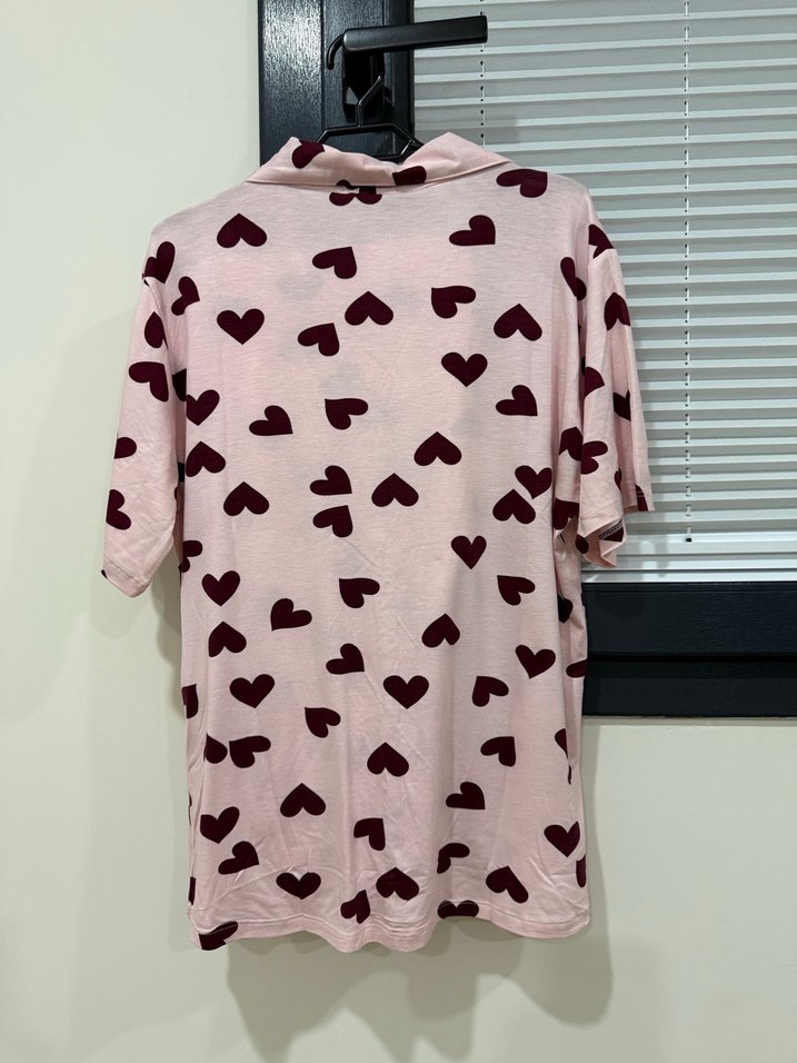 Kadın Pembe Kalp Desenli Kısa Kollu Pijama takımı alt üst - Görsel 3