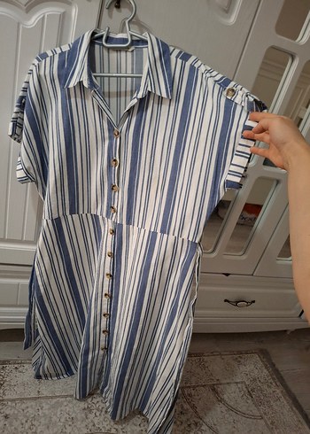 xxl Beden mavi Renk Düğmeli Uzun Keten Çizgili elbise