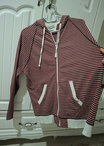 Koton erkek sweatshirt Bordo Çizgili Kapüşonlu Fermuarlı