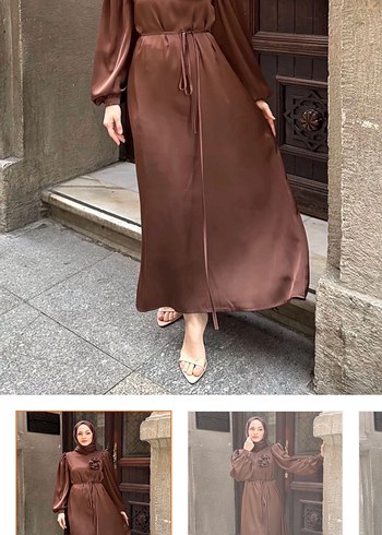 Kahverengi Saten Gül detaylı Uzun Elbise