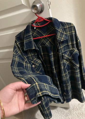 Düğmeli yeşil sarı kalın Ekose Kadın Gömlek - Görsel 2