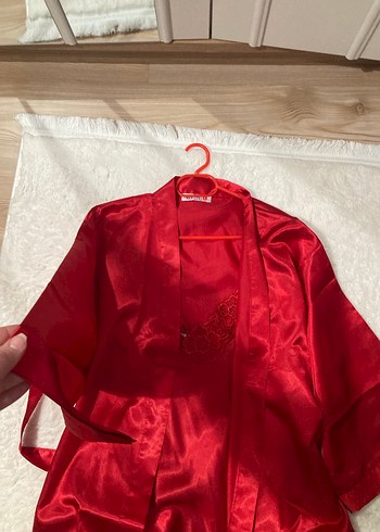 Parlak Kırmızı Uzun Kadın Pijama Takımı saten - Görsel 8