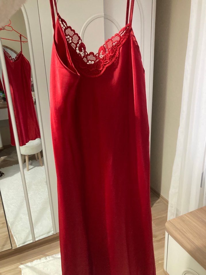 Parlak Kırmızı Uzun Kadın Pijama Takımı saten - Görsel 2