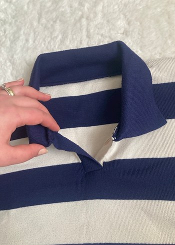 Çizgili Polo Yaka Kadın Kazak - Görsel 3