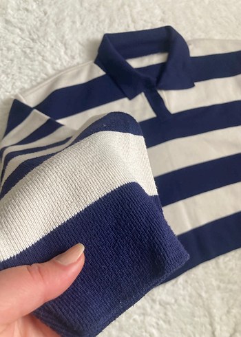 Çizgili Polo Yaka Kadın Kazak - Görsel 2