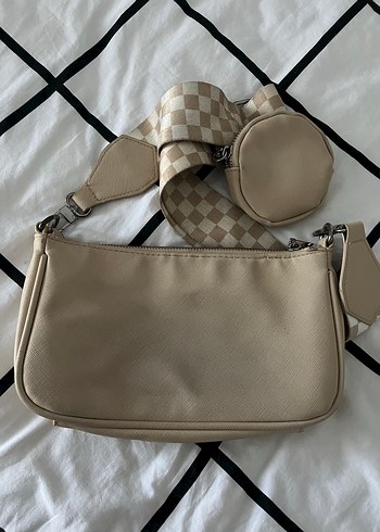 Bej Deri Kareli Omuz Çantası - Görsel 4