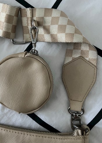 Bej Deri Kareli Omuz Çantası - Görsel 2