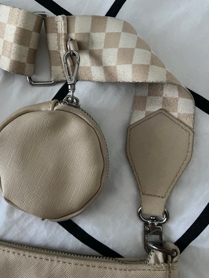 Bej Deri Kareli Omuz Çantası - Görsel 2