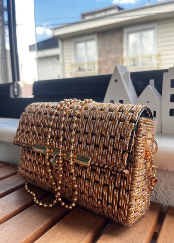 Zincir Detaylı Gold Örgü Kanvas Kadın Çanta - Görsel 3